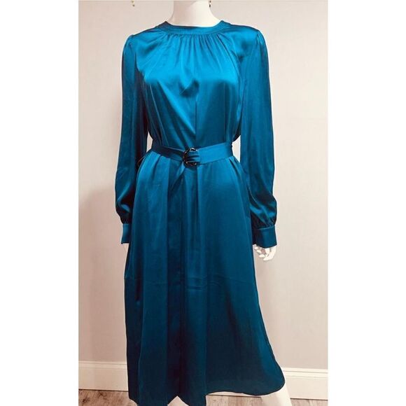Misook Teal Belted Satin Midi Dress Size Large - Picture 4 of 8